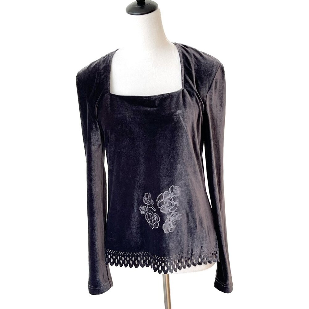 Joseph Ribkoff Sz 8 Purple Gray Velour Top Square Neck Long Sleeve, Flowers